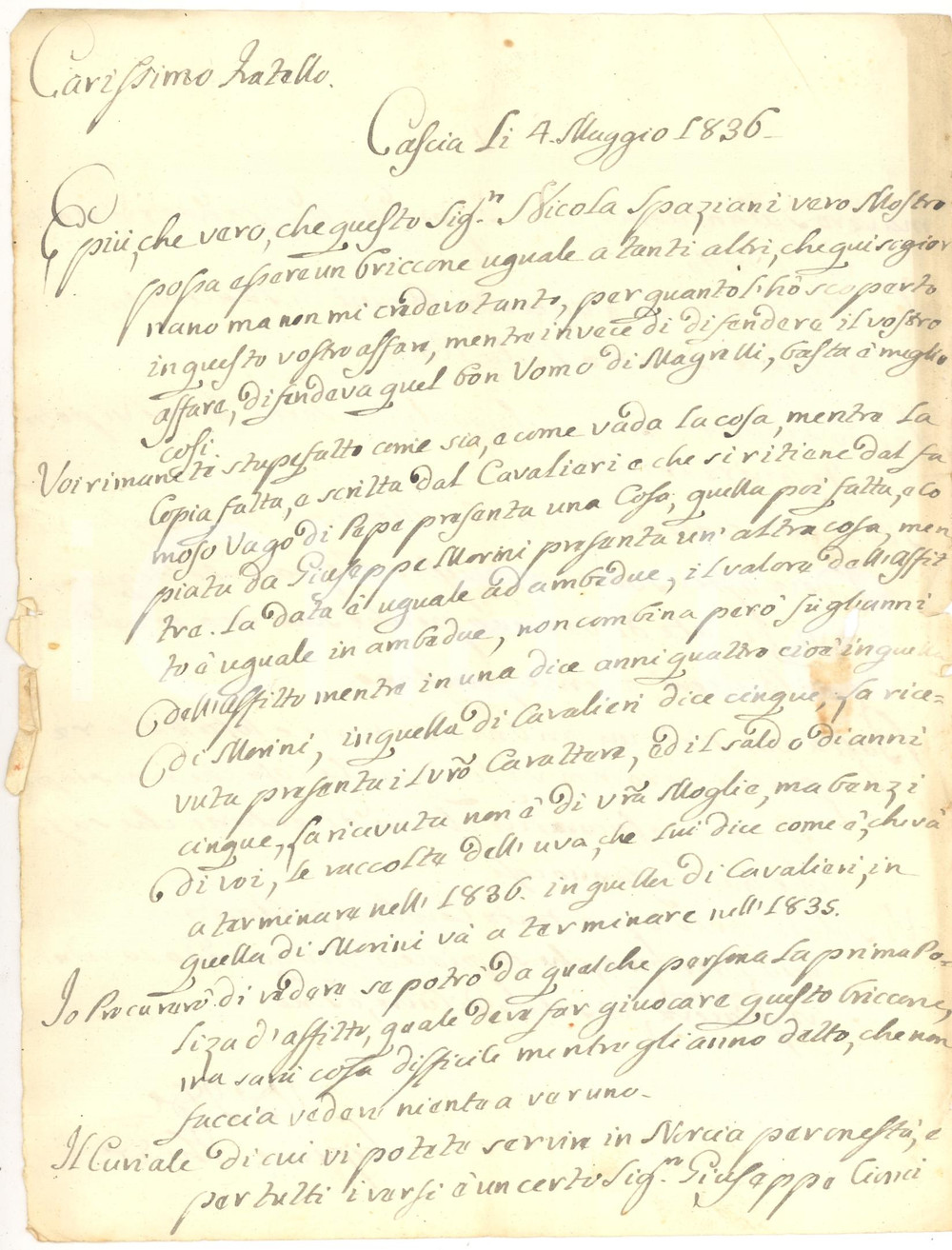 Manoscritto, lettera originale 1836 CASCIA PG SPAZIANI Ã¨ un vero mostro briccone 1