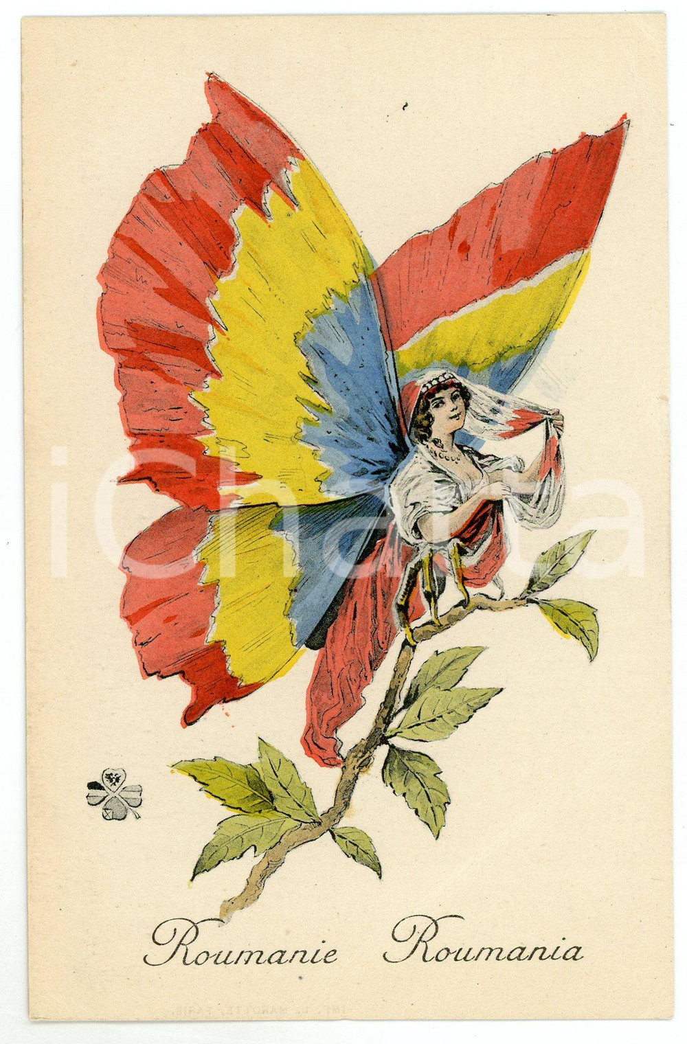 1917 WW1 ROUMANIA as a butterfly woman - Postcard PROPAGANDA Ed. AUX ALLIES  Cartolina postale d'epoca, di propaganda francese, che rappresentava le nazioni alleate come donne-farfalla.Scritta nel 1917, ma non viaggiata.EDITORE: Aux Alli&eacute;s - Paris FAIR/discreto lievi piegature Formato: 9x14 cm originale e autentica 1