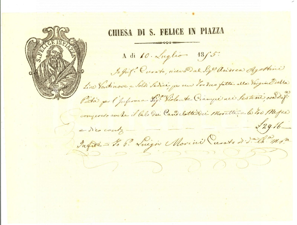 Documento originale, autentico 1855 FIRENZE Chiesa SAN FELICE IN PIAZZA triduo inferma 1