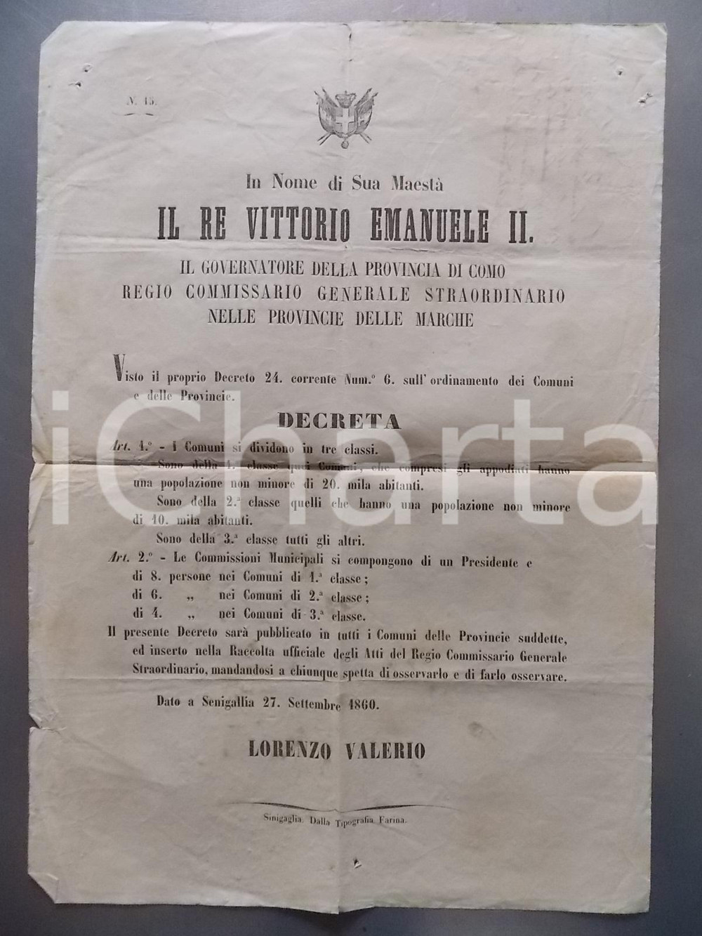 Documento originale, autentico 1860 SENIGALLIA AN Sull ordinamento di Comuni e Province dopo l annessione 1