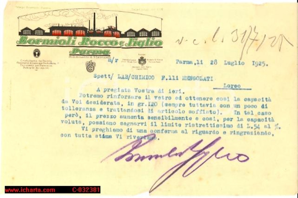 Documento originale, autentico 1925 PARMA Lettera BORMIOLI ROCCO & FIGLIO alla ditta F.lli MENGOLATI *Intestata 1