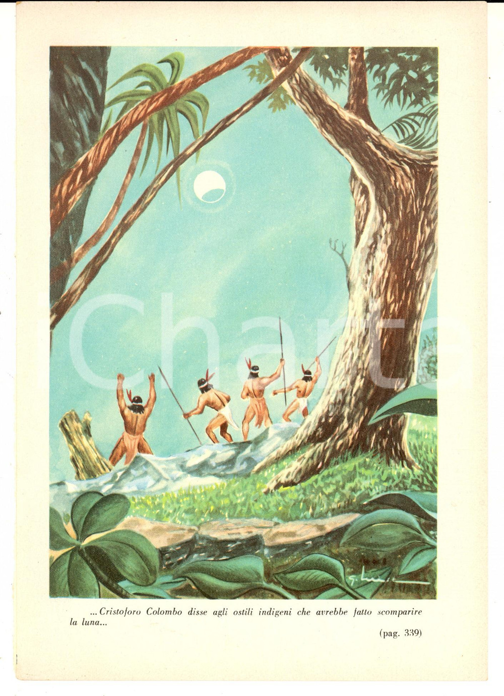 Stampa, bozzetto originale 1950 ca AVVENTURA Ill. G. LUISE Gli ostili indigeni e la Luna Stampa 16x23 cm 1