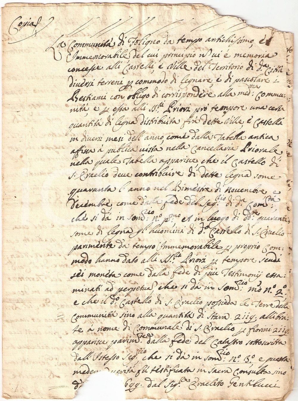 Documento originale, autentico 1700 SANT'ERACLIO (PG) Obblighi e regalie verso FOLIGNO 1