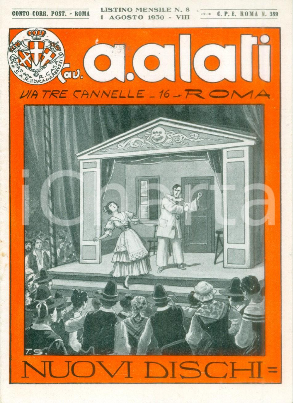 Materiale pubblicitario d’epoca Agosto 1930 ROMA Ditta Cav. ALATI Ruggero LEONCAVALLO Listino mensile ILLUSTRATO 1