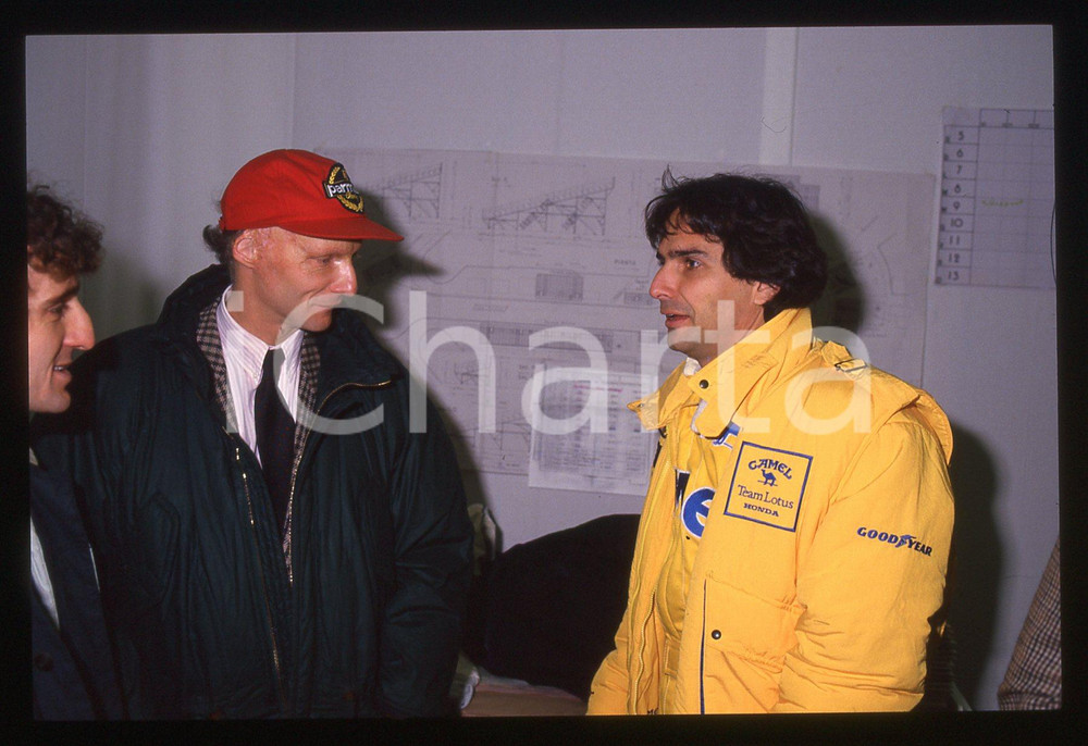 Fotografia d epoca originale 35mm vintage slide 1988 FORMULA1 Nelson PIQUET con Niki LAUDA e Alain PROST 1