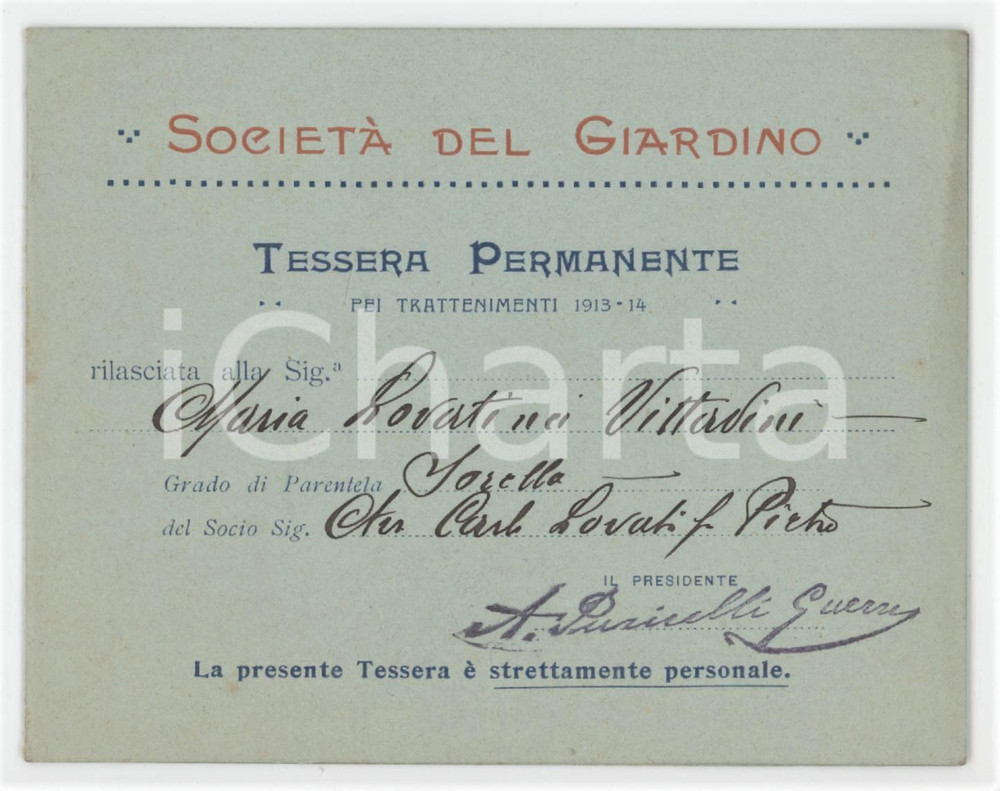 1913 MILANO Società del Giardino - Tessera e programma divertimenti 11x8 cm Tessera d'epoca.  FAIR/discreto Lievi smussature agli angoli Formato: 11x8 cm originale e autentica 1