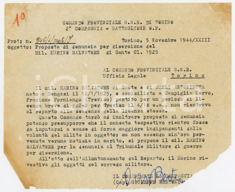 Documento originale, autentico 1944 TORINO RSI Militare Salvatore MARINO diserta il Battaglione Documento 1