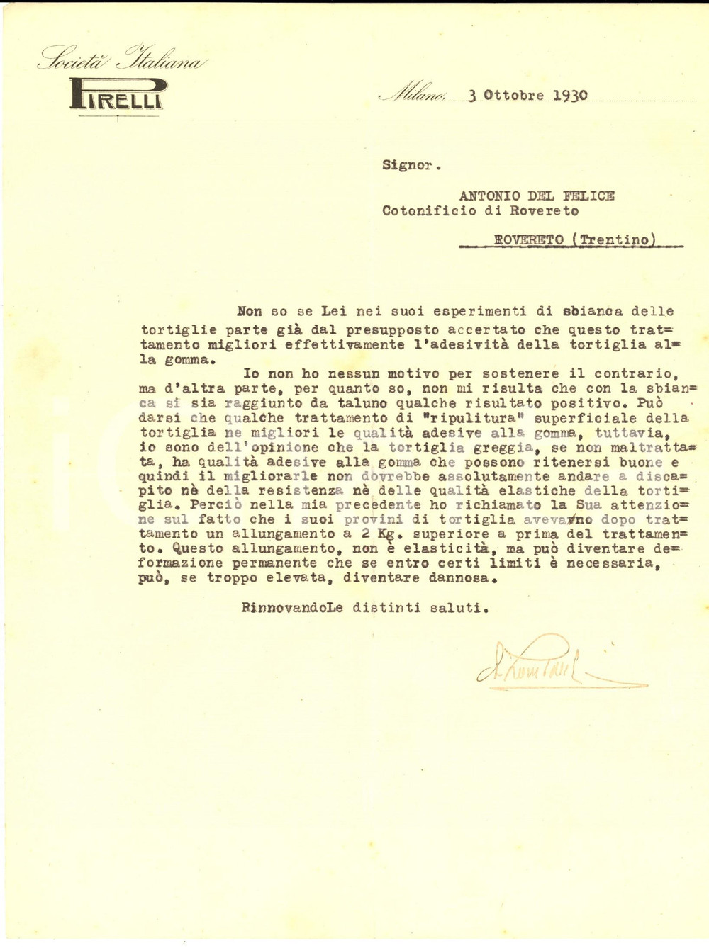 Manoscritto, lettera originale 1930 MILANO Società Italiana PIRELLI  Lettera Eugenio Lombardi su tortiglie 1