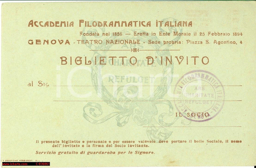 Oggetto da collezione cartaceo 1916 GENOVA Filodrammatica invito Fiore di Andalusia 1