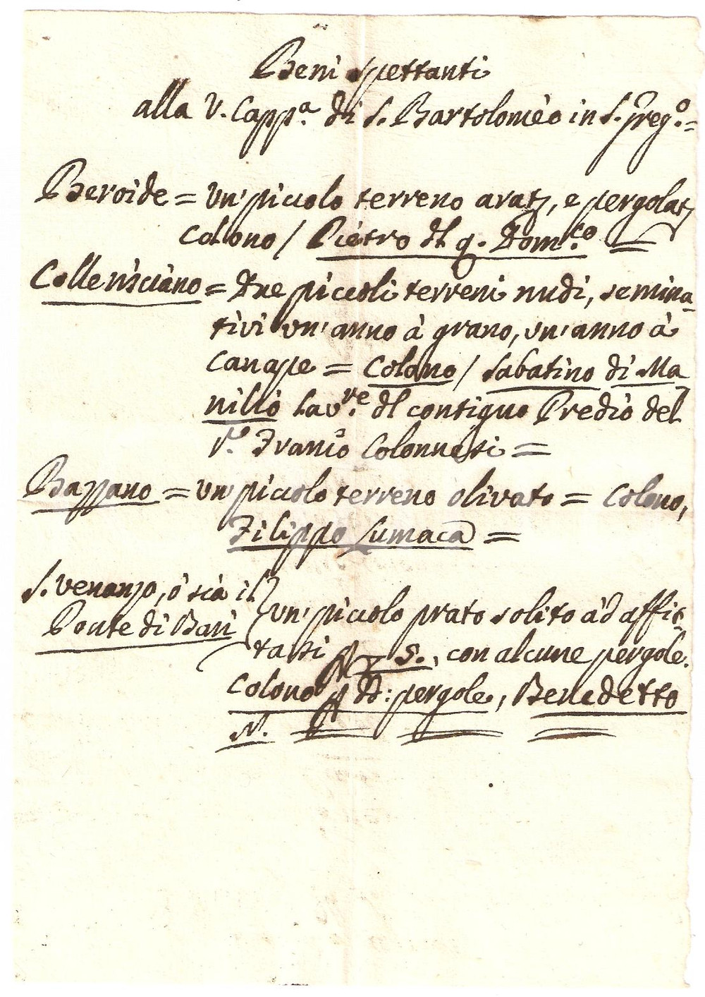 Documento originale, autentico 1730 SPOLETO (PG) Beni della Cappella di SAN BARTOLOMEO 1