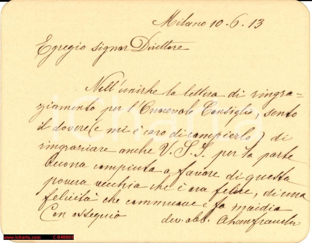 Oggetto da collezione cartaceo 1913 MILANO LANFRANCHI ringrazia per aiuto a un'anziana 1