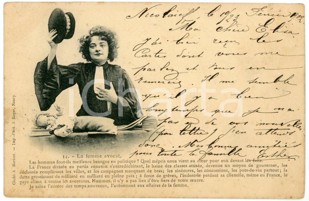 1902 FRANCE HUMOUR Temps nouveaux - La femme avocat - Postcard  Cartolina postale d'epoca, viaggiata.Si tratta di una serie che ironizza sulle donne che avrebbero potuto svolgere in futuro mestieri all'epoca riservati agli uomini. FAIR/discreto lievi macchie Formato: 14x9 cm originale e autentica 1