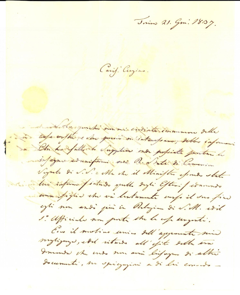 Documento originale, autentico 1837 TORINO Marchese Agostino ADORNO porta insegne nei Regi Stati di CAMERINO 1