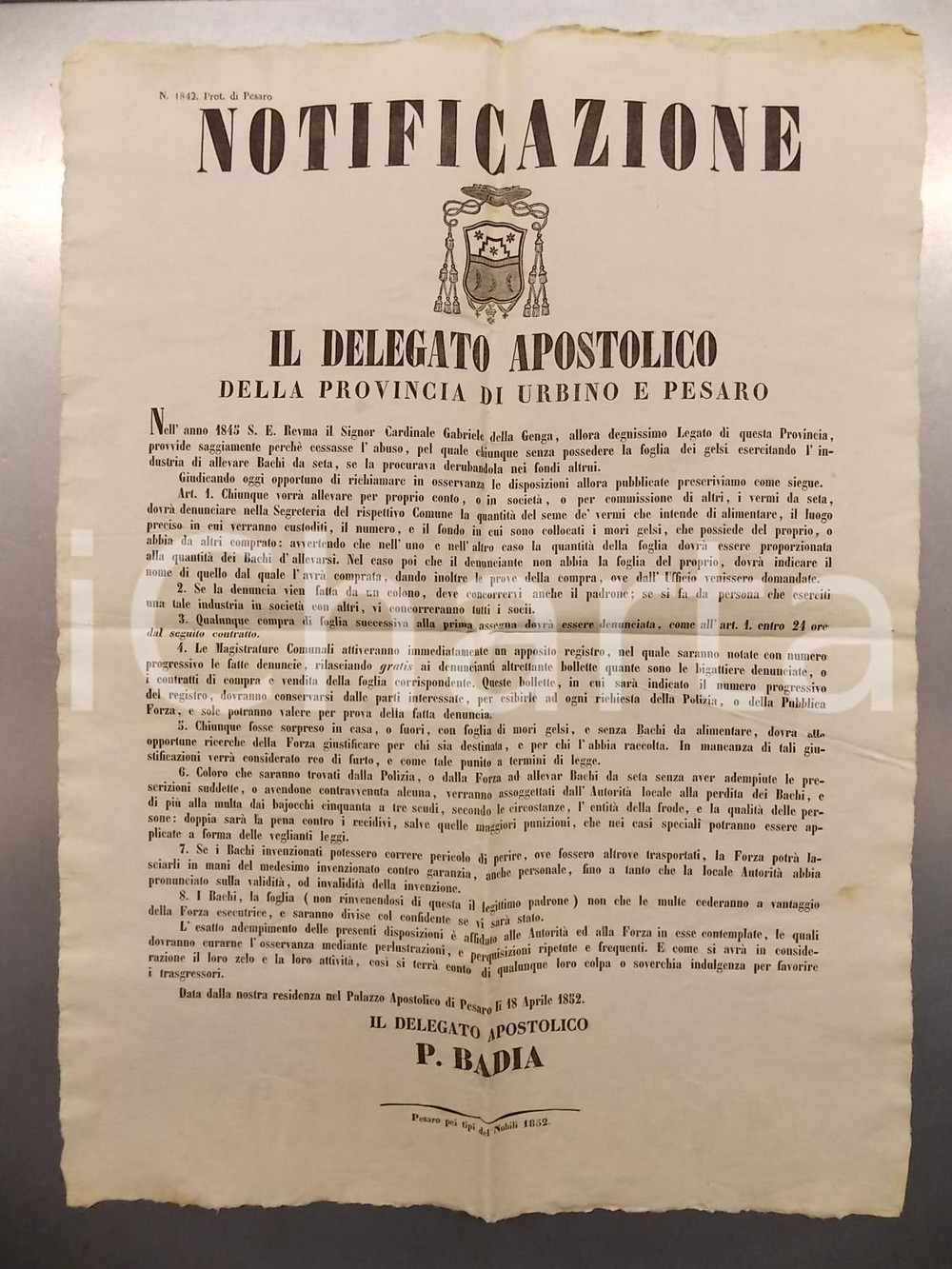 Documento originale, autentico 1852 STATO PONTIFICIO PESARO Denuncia per allevamento bachi da seta MANIFESTO 1