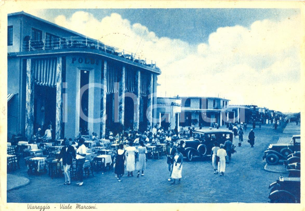 Cartolina originale da collezione 1935 VIAREGGIO Borghesia a passeggio in Viale MARCONI insegne POLDO e GONNELLA 1