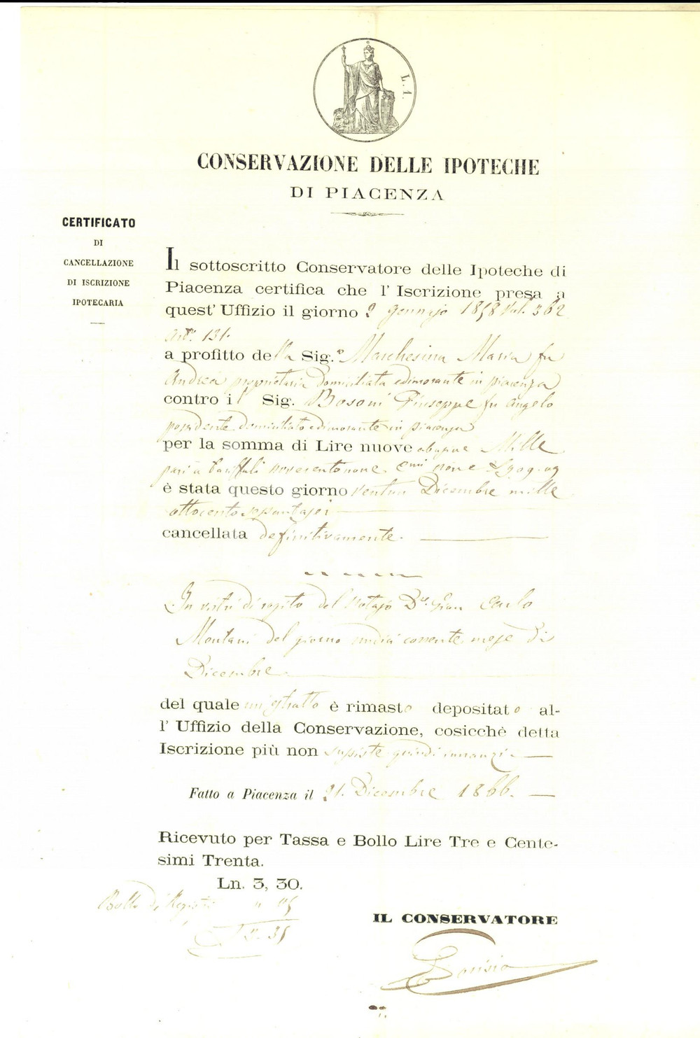 Documento originale, autentico 1866 PIACENZA Estinzione debito nei confronti di Maria MARCHESINI *Documento 1