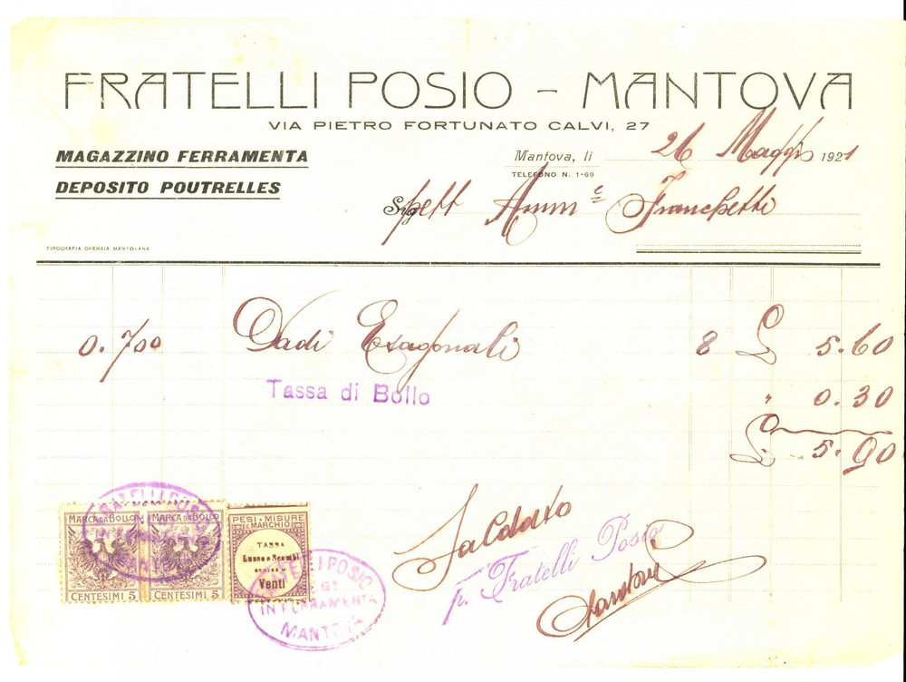 Documento originale, autentico 1921 MANTOVA Ditta FRATELLI POSIO Ferramenta e deposito poutrelles Ricevuta 1