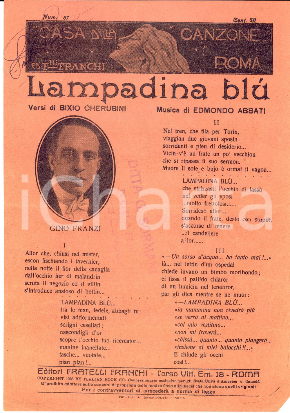 Oggetto da collezione cartaceo 1923 Bixio CHERUBINI Edmondo ABBATI Lampadina blu *Spartito F. LLI FRANCHI ROMA 1