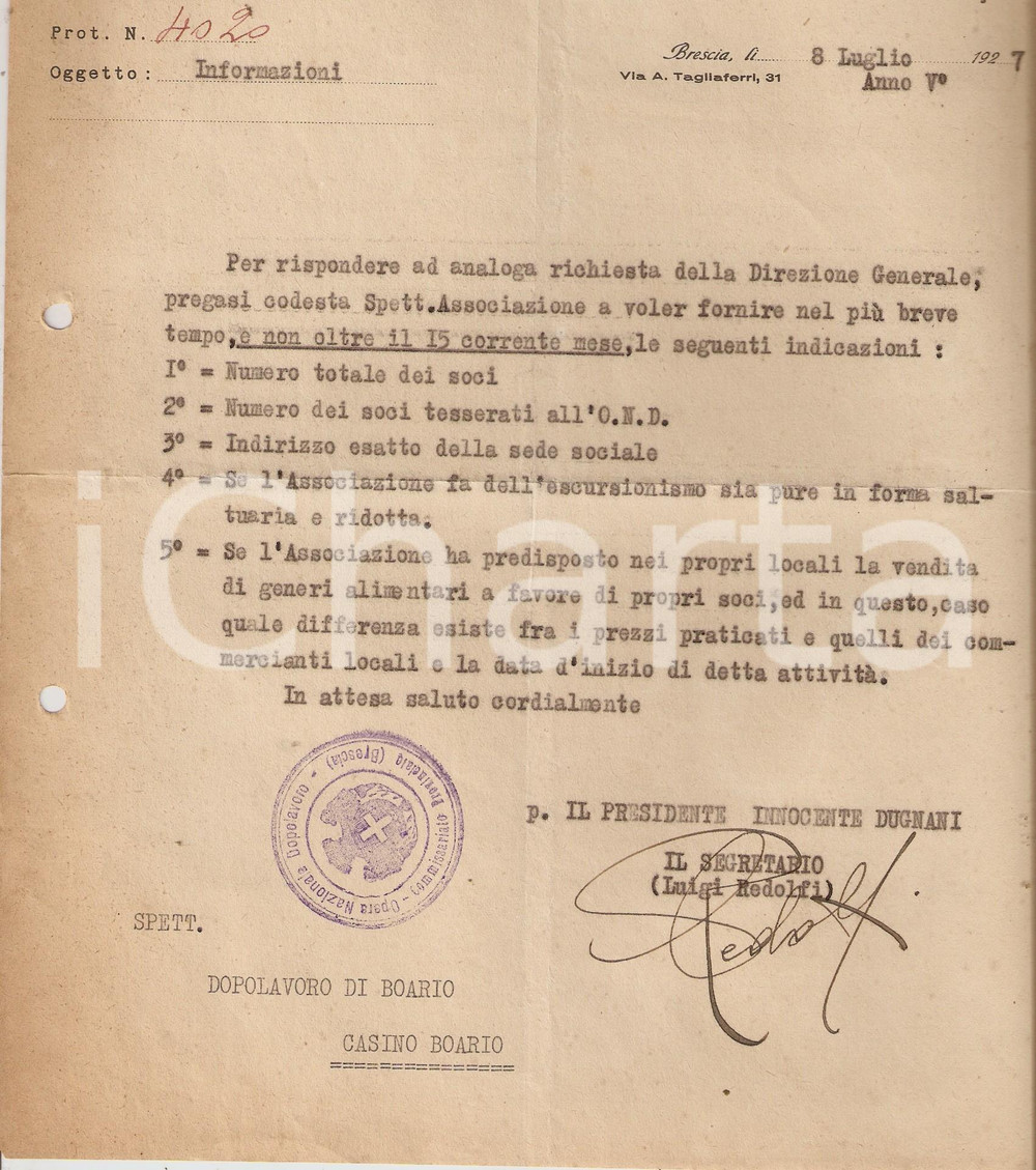 Documento originale, autentico 1927 OND BRESCIA Luigi REDOLFI si informa sulle attivitÃ  locali Lettera 1