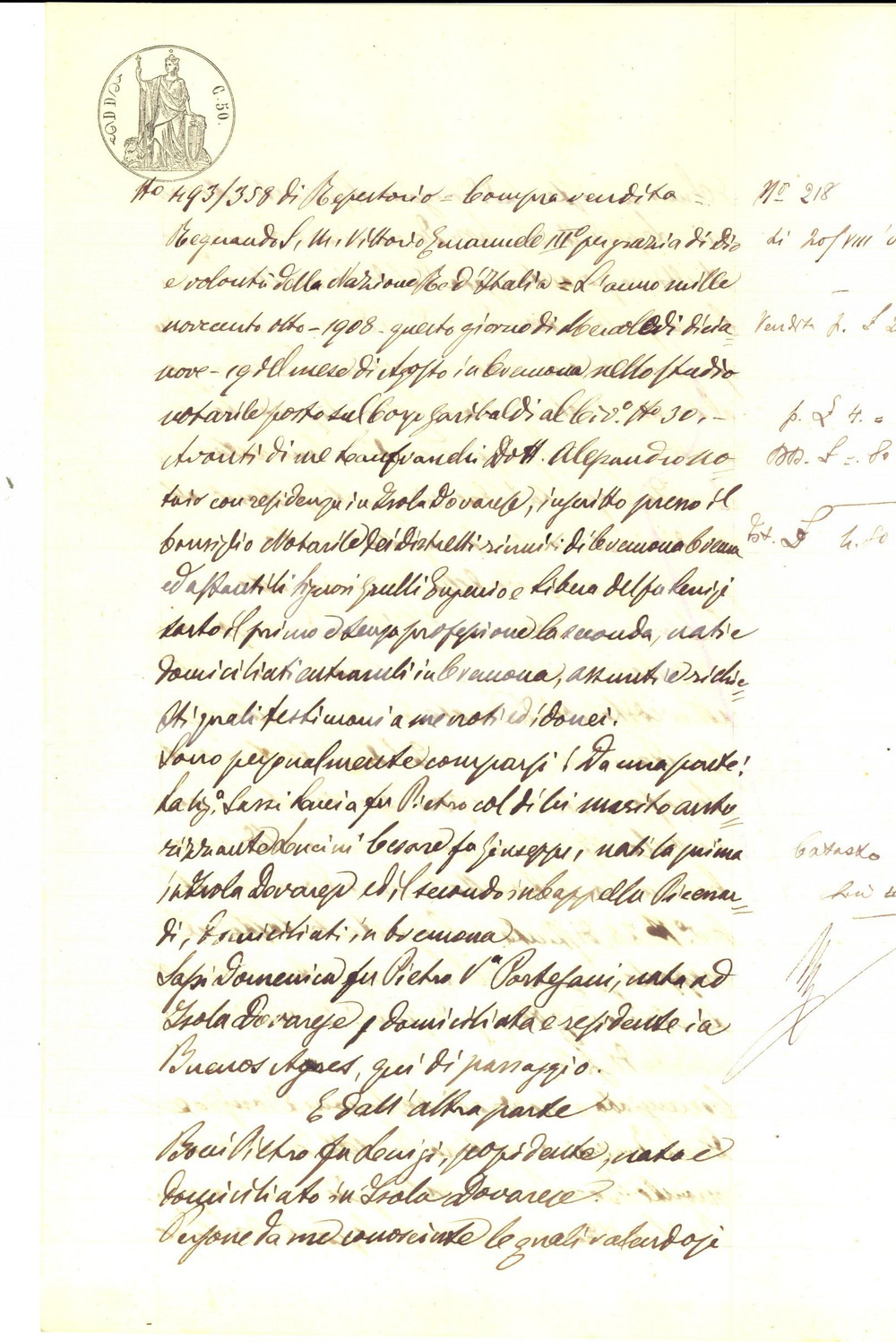 Documento originale, autentico 1908 ISOLA DOVARESE Domenica e Lucia SASSI vendono a Pietro BOCCI nuda proprietÃ  1