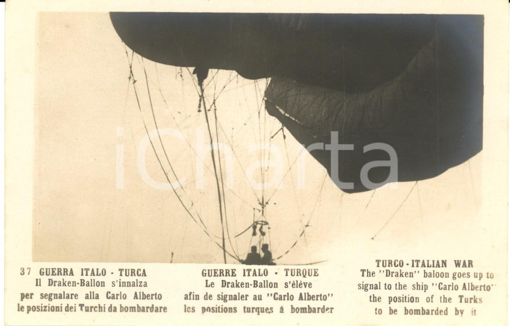 Cartolina originale da collezione 1911-12 LIBIA GUERRA ITALO-TURCA Il Draken-Ballon segnala posizioni nemiche *FP 1