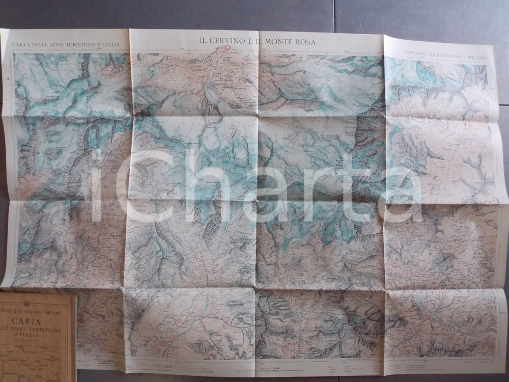Mappa, planimetria storica 1930 ca TCI Carta zone turistiche d Italia  CERVINO e MONTE ROSA Mappa 80x50 1