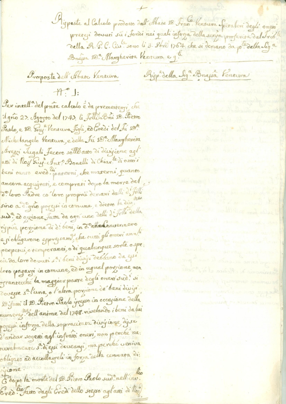 Documento originale, autentico 1764 PALERMO Baronessa Margherita VENTURA vs Abate Francesco SPITALERI 1