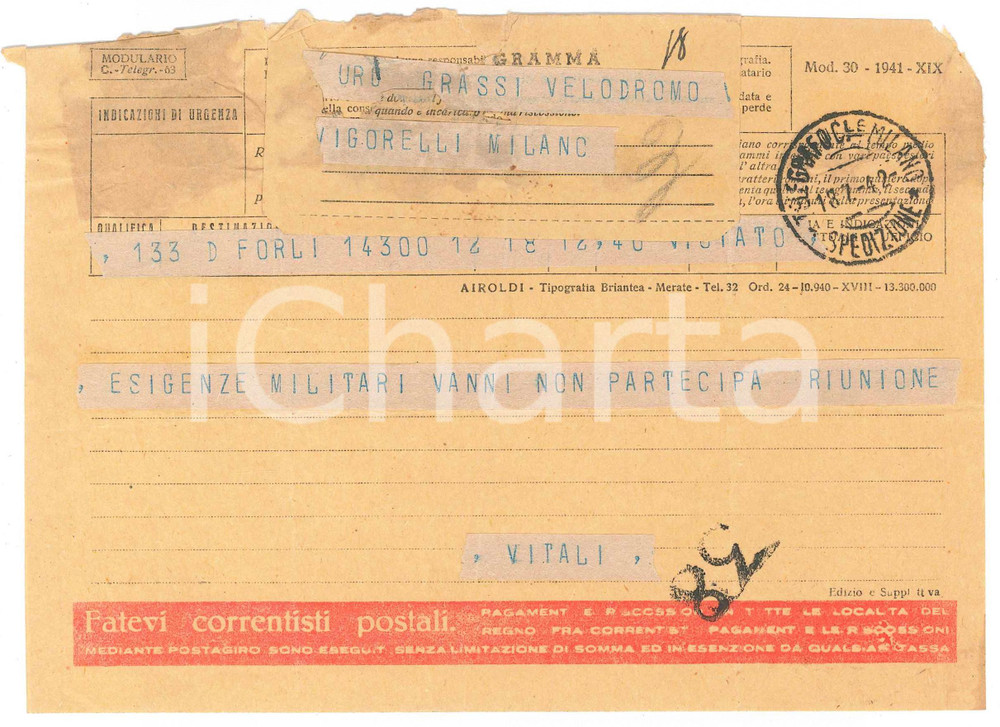 Documento originale, autentico 1942 CICLISMO  FORLI   Telegramma Aldo VITALI per gara saltata Dino VANNI 1