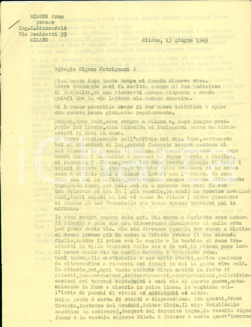 Documento originale, autentico 1949 MILANO Ad OPATIJA arresti incarcerazioni e defenestramenti Lettera 1