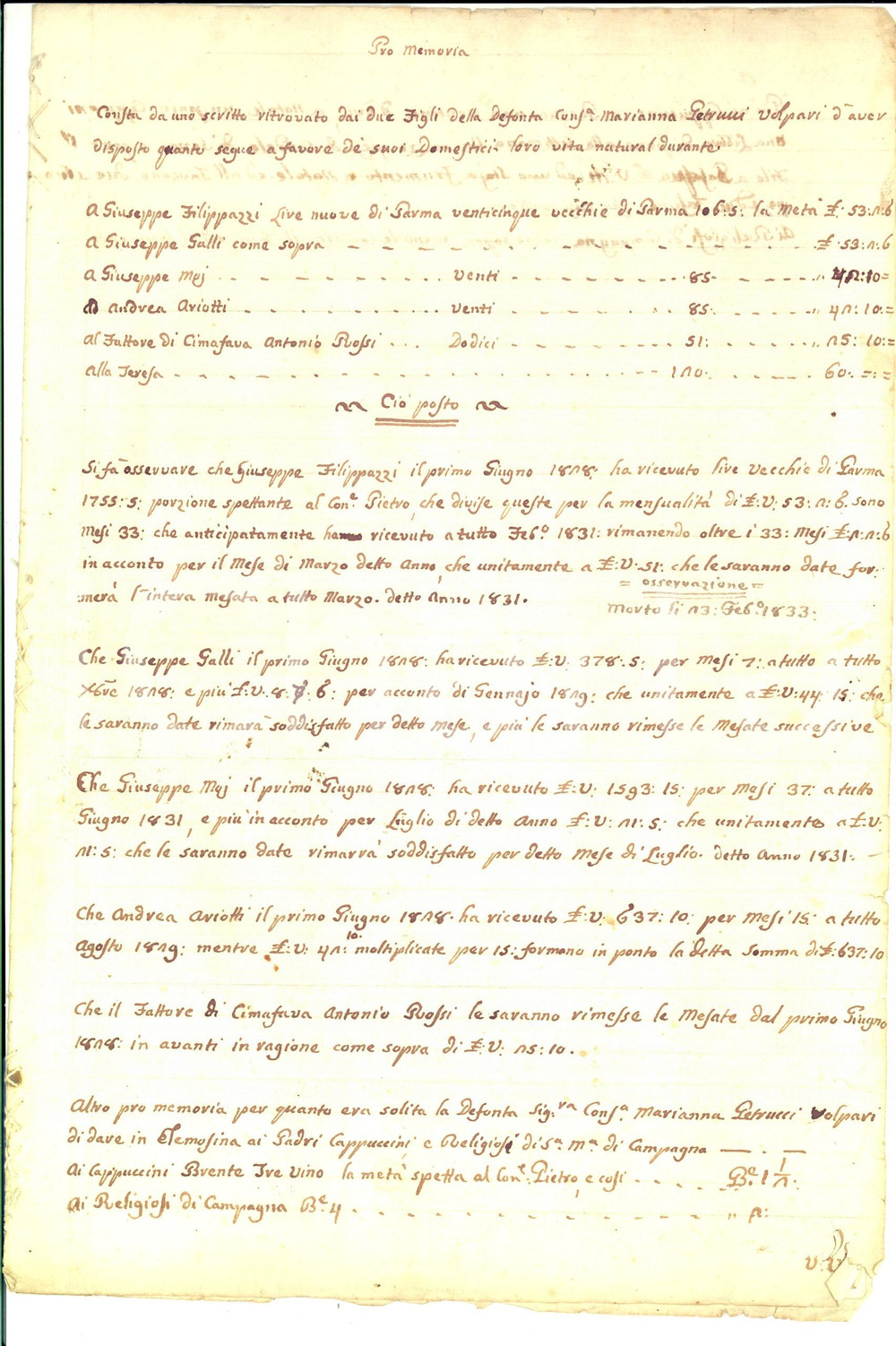 Documento originale, autentico 1827 PIACENZA Lasciti di Marianna VOLPARI BARATTIERI PETRUCCI alla servitù 1