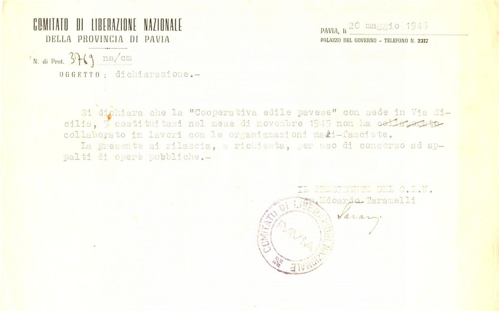Documento originale, autentico 1946 PAVIA CLN Cooperativa Edile Pavese non collaborazionista con nazi-fascisti 1