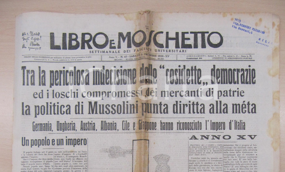 Giornale, rivista storica 1936 LIBRO E MOSCHETTO Il Fascismo è più forte delle democrazie Giornale 1