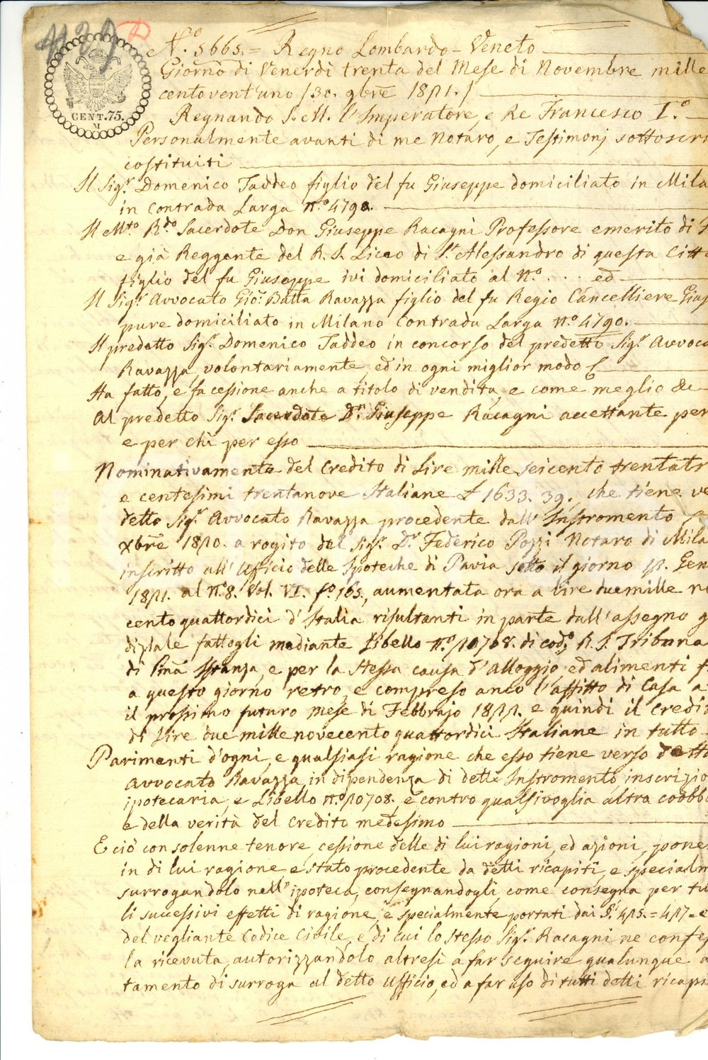 Documento originale, autentico 1821 MILANO Domenico TADDEO vende credito su avv. G. Battista RAVAZZA 1