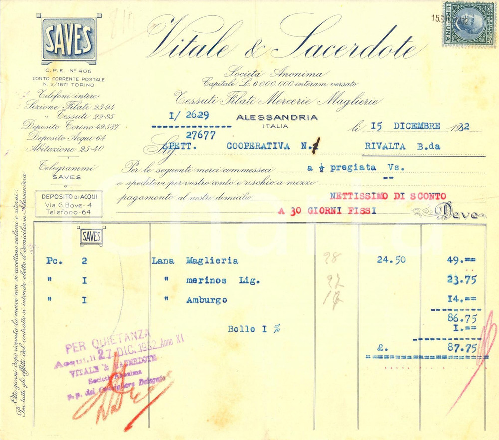 Documento originale, autentico 1932 ALESSANDRIA Lana Merinos SAVES di VITALE & SACERDOTE  Tessuti maglieria 1