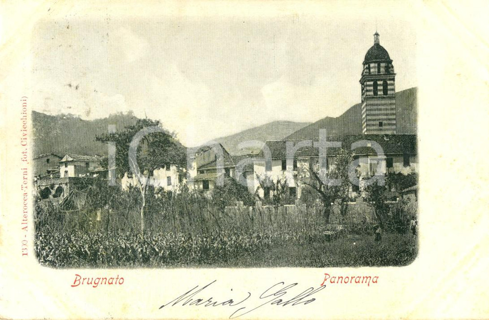 Cartolina originale da collezione 1902 BRUGNATO SP Panorama del paese e della chiesa Cartolina postale FP VG 1
