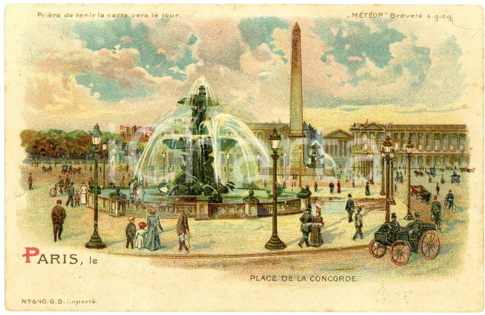 1900 ca PARIS Place de la Concorde - Carte postale lumineuse FP NV  Cartolina postale d'epoca, non viaggiata ma con nota manoscritta al verso.CONDIZIONI: VERY POOR (Distacco parziale degli strati di carta della cartolina)FORMATO: FP    originale e autentica 1