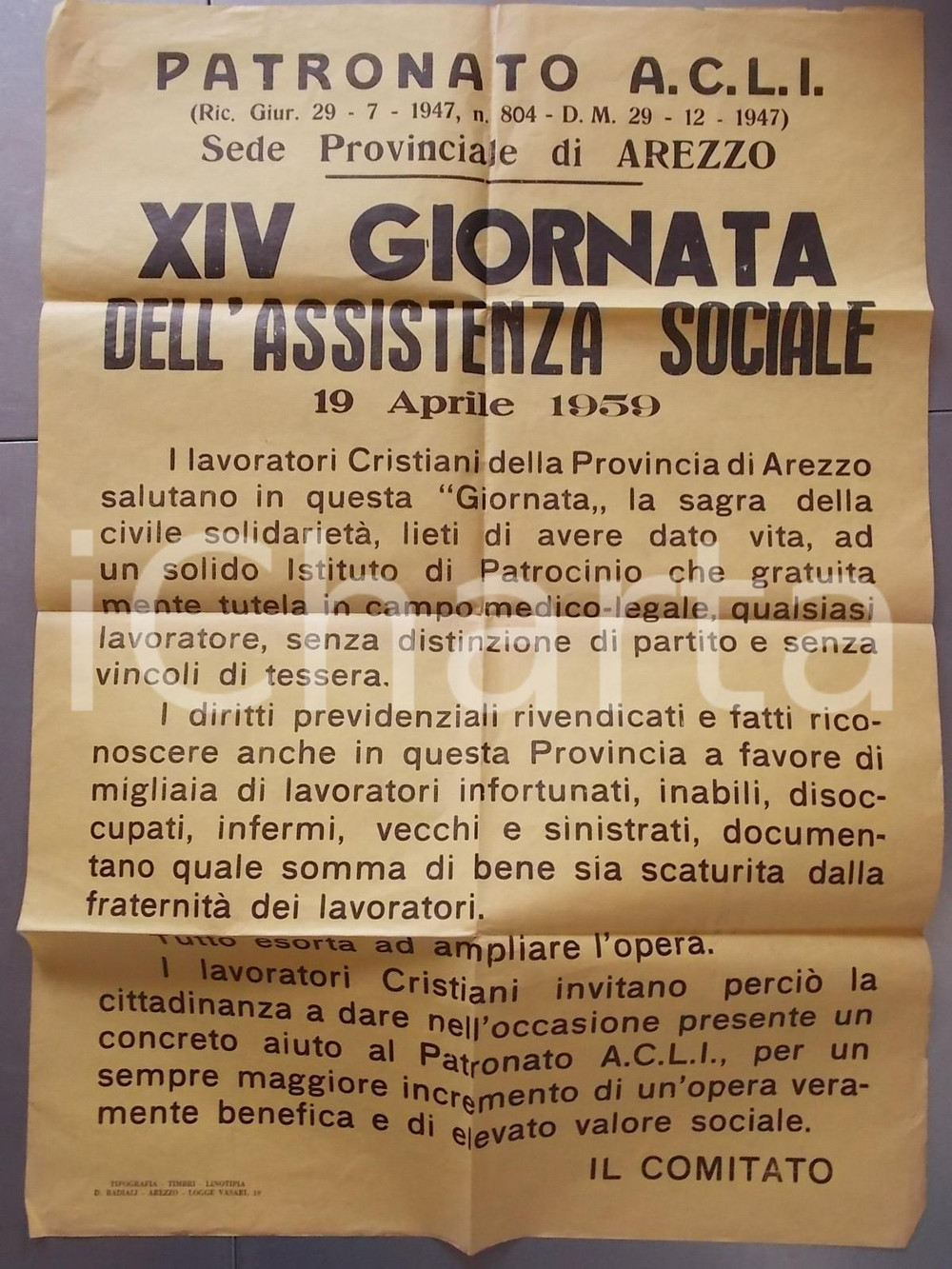 Documento originale, autentico 1959 ACLI AREZZO XIV Giornata dell Assistenza Sociale Manifesto 50x70 cm 1