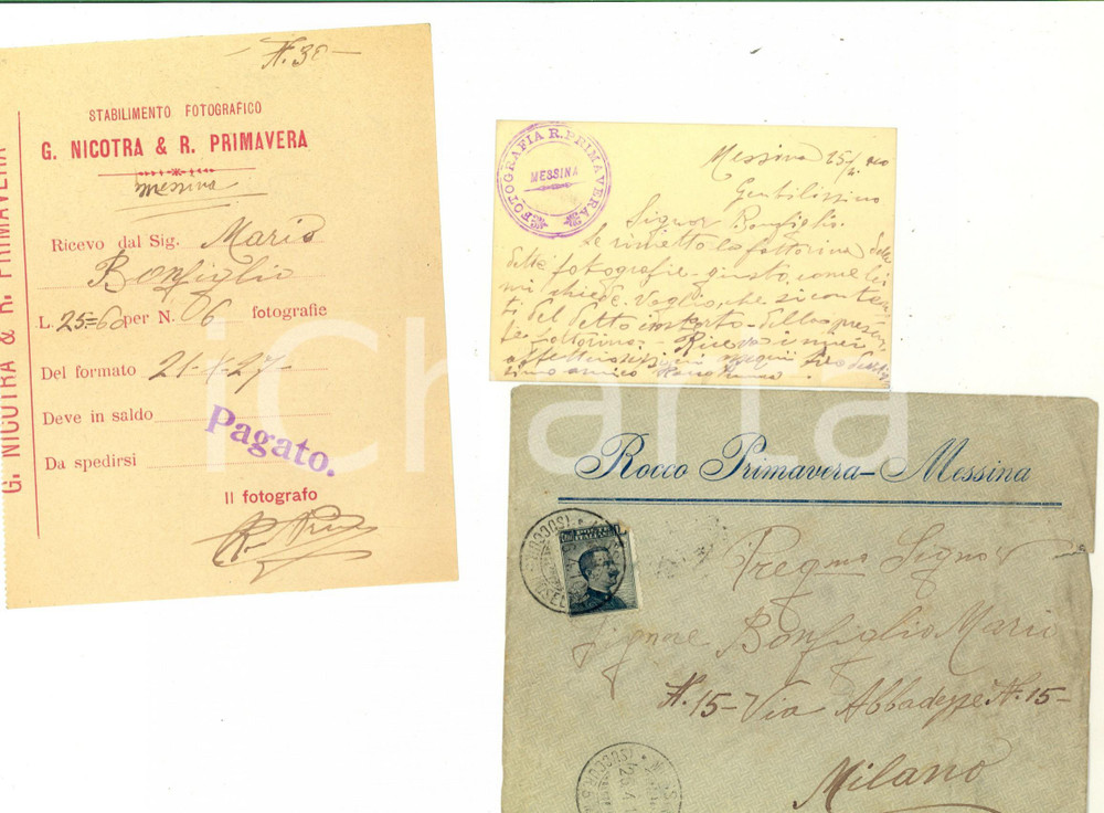 Manoscritto, lettera originale 1910 MESSINA Fotografo Rocco PRIMAVERA chiede il saldo per un lavoro 1