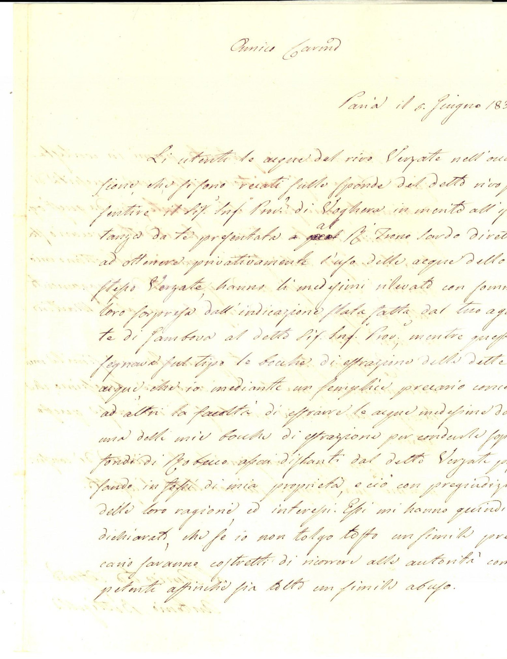 Manoscritto, lettera originale 1836 PAVIA Antonio BETTIGELLA sull estrazione delle acque dal torrente VERZATE 1