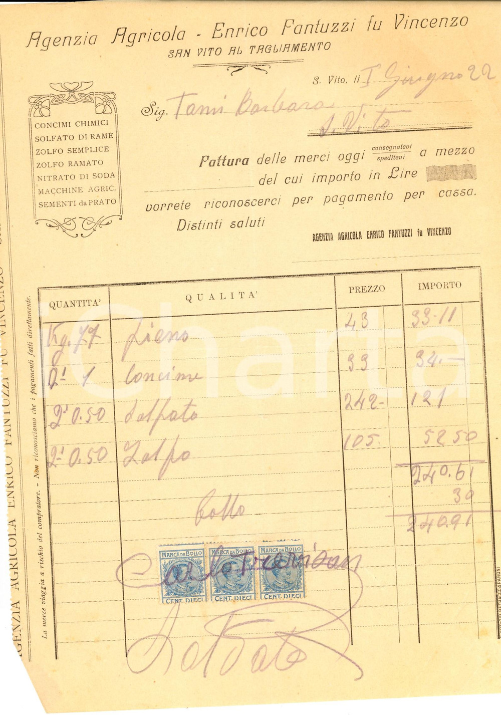 Documento originale, autentico 1922 SAN VITO AL TAGLIAMENTO UD Azienda agricola Enrico FANTUZZI Fattura 1