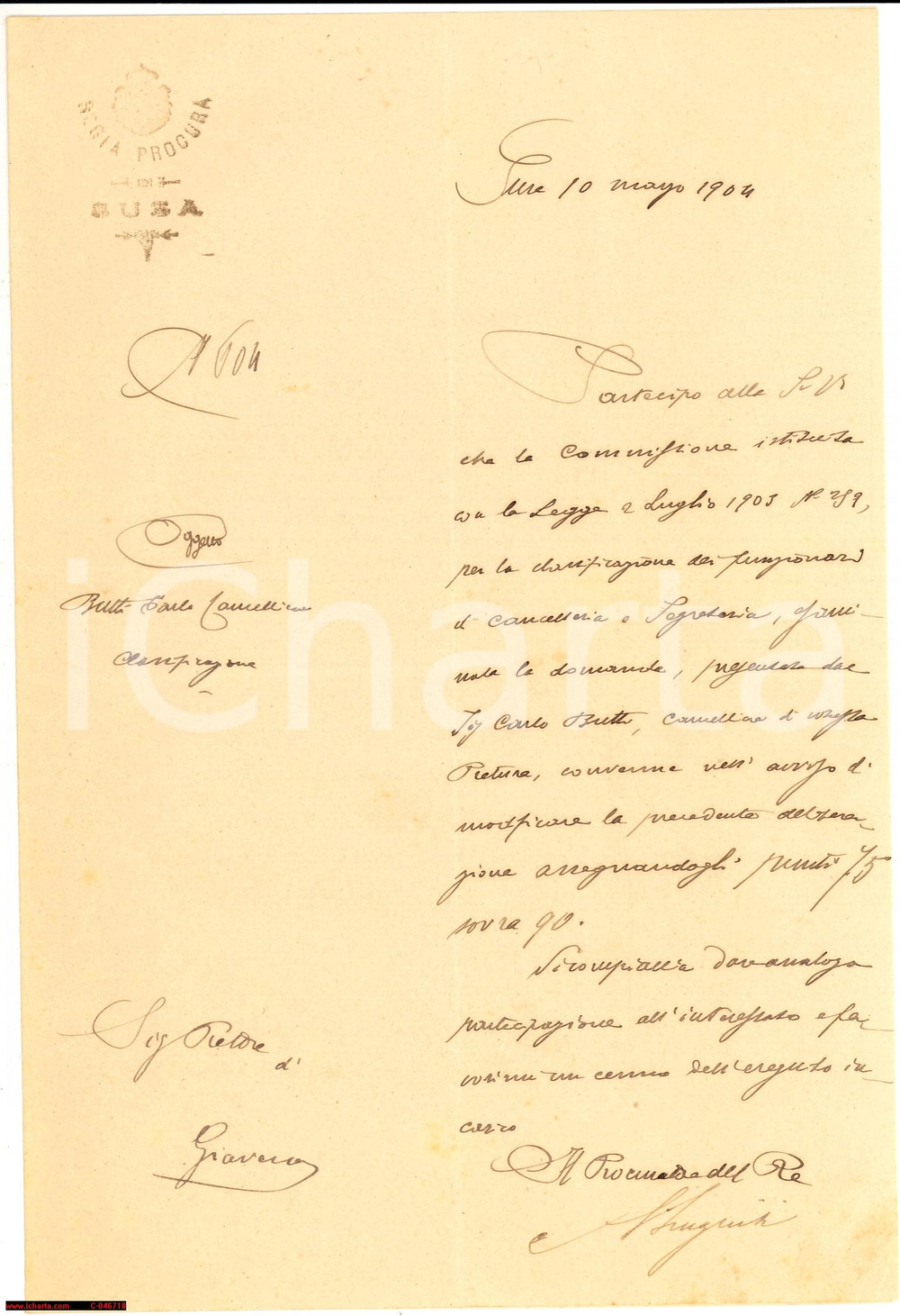 Documento originale, autentico 1904 SUSA TO Carlo BUTTI in graduatoria per cancelleria 1