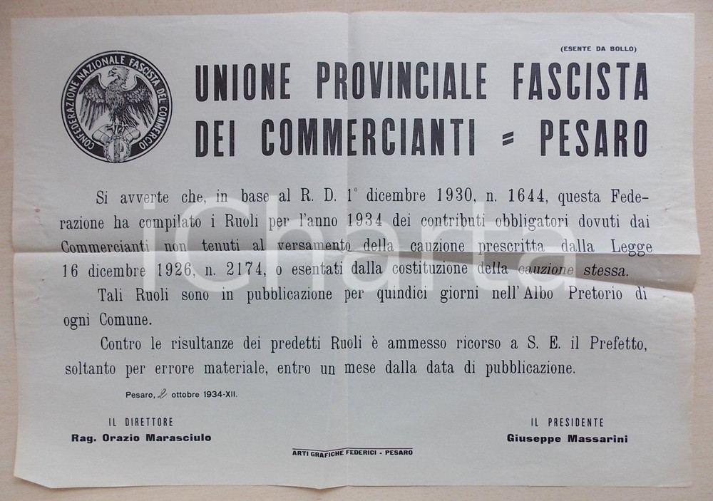 Documento originale, autentico 1934 PESARO Unione Provinciale Fascista Commercianti prepara ruoli contributi 1