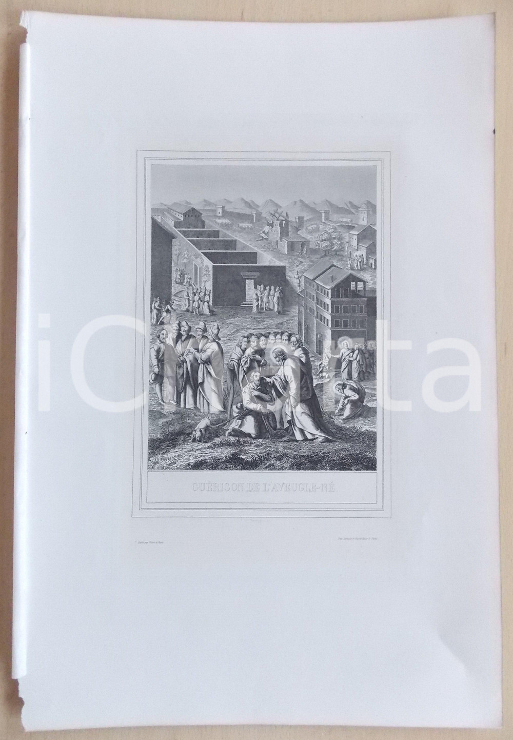 Stampa, bozzetto originale 1853 VIE DE N. S. JESUS CHRIST GuÃ¨rison de l aveuglenÃ© Gravure 28 x 42 1