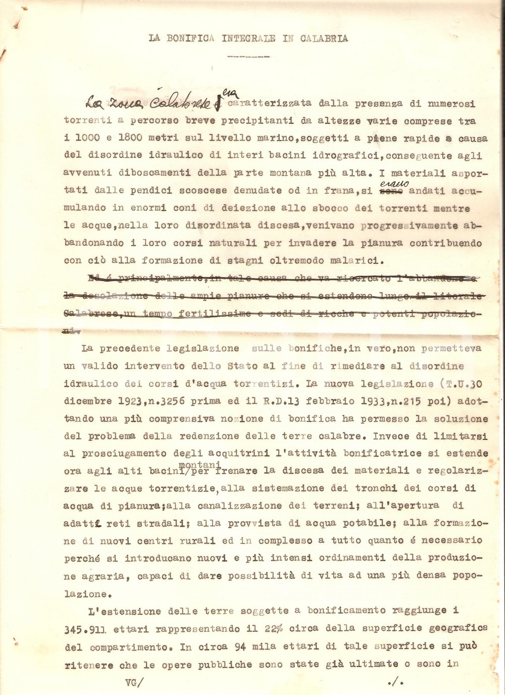 Documento originale, autentico 1934 FASCISMO PROPAGANDA Bonifica integrale in CALABRIA Bozza articolo 1
