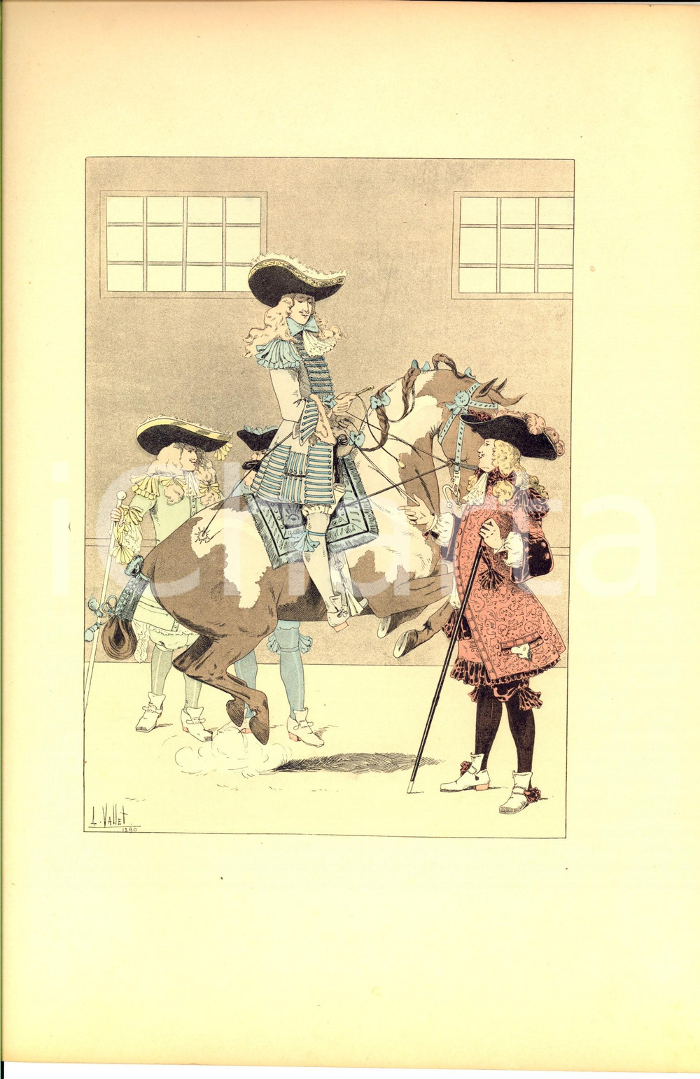 Stampa, bozzetto originale 1890 L. VALLET Le chic à cheval – Un élève du marquis de Newcastle Litho 25x33 1