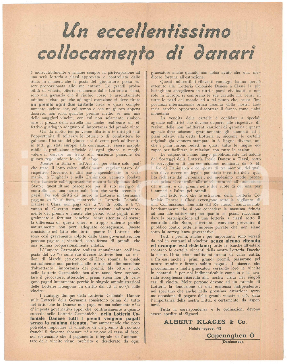 Materiale pubblicitario d’epoca 1913 COPENHAGEN  Lotteria Coloniale Danese  Albert KLAGES & Co.  Pieghevole 1