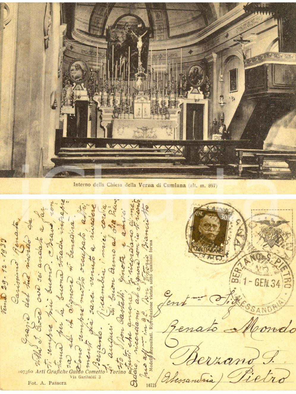Autografo originale 1933 CUMIANA TO Chiesa della Verna Cartolina don Vittorio BIANCIOTTO FP VG 1