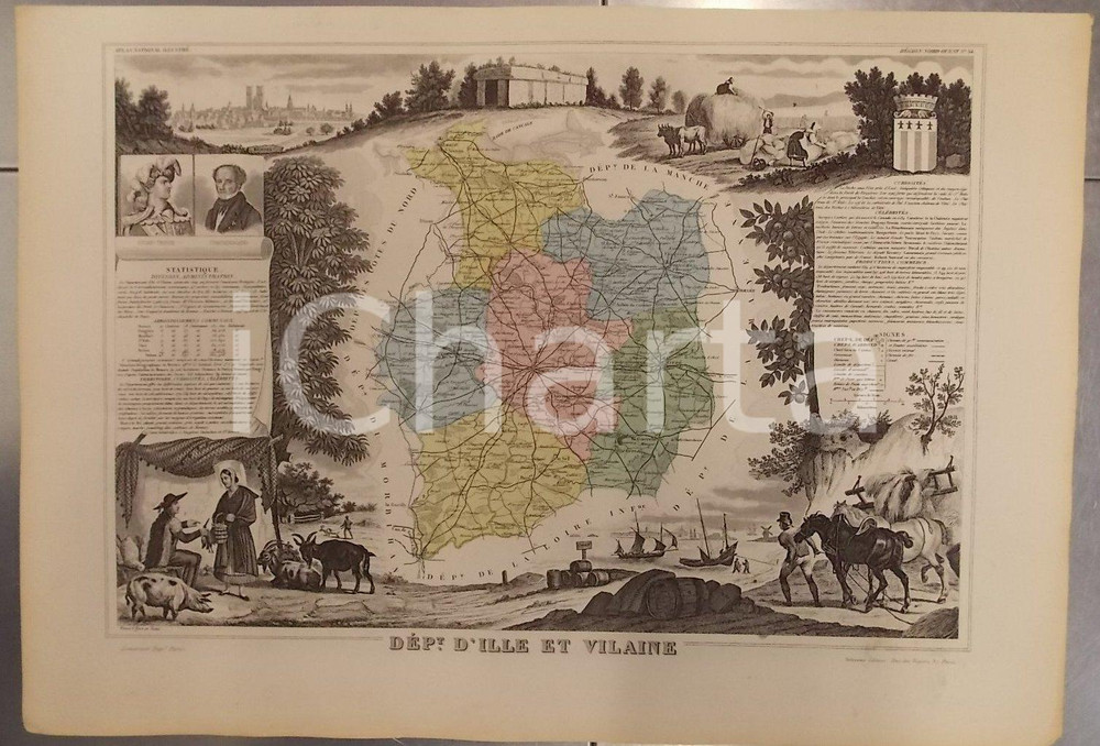 Stampa, bozzetto originale 1861 PARIS Atlas National de la France  illustré Département ILLE ET VILANIE 34 1