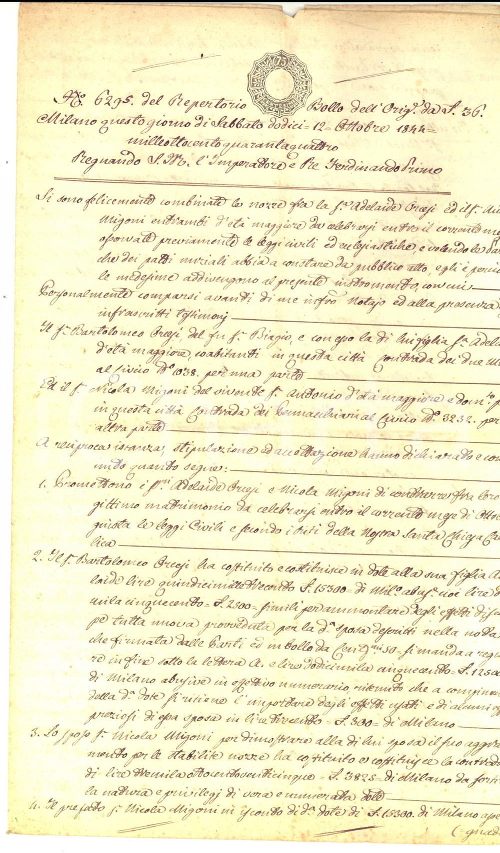 Documento originale, autentico 1844 MILANO Contratto matrimonio e dote Nicola MIGONE  Adelaide ORCESI 1
