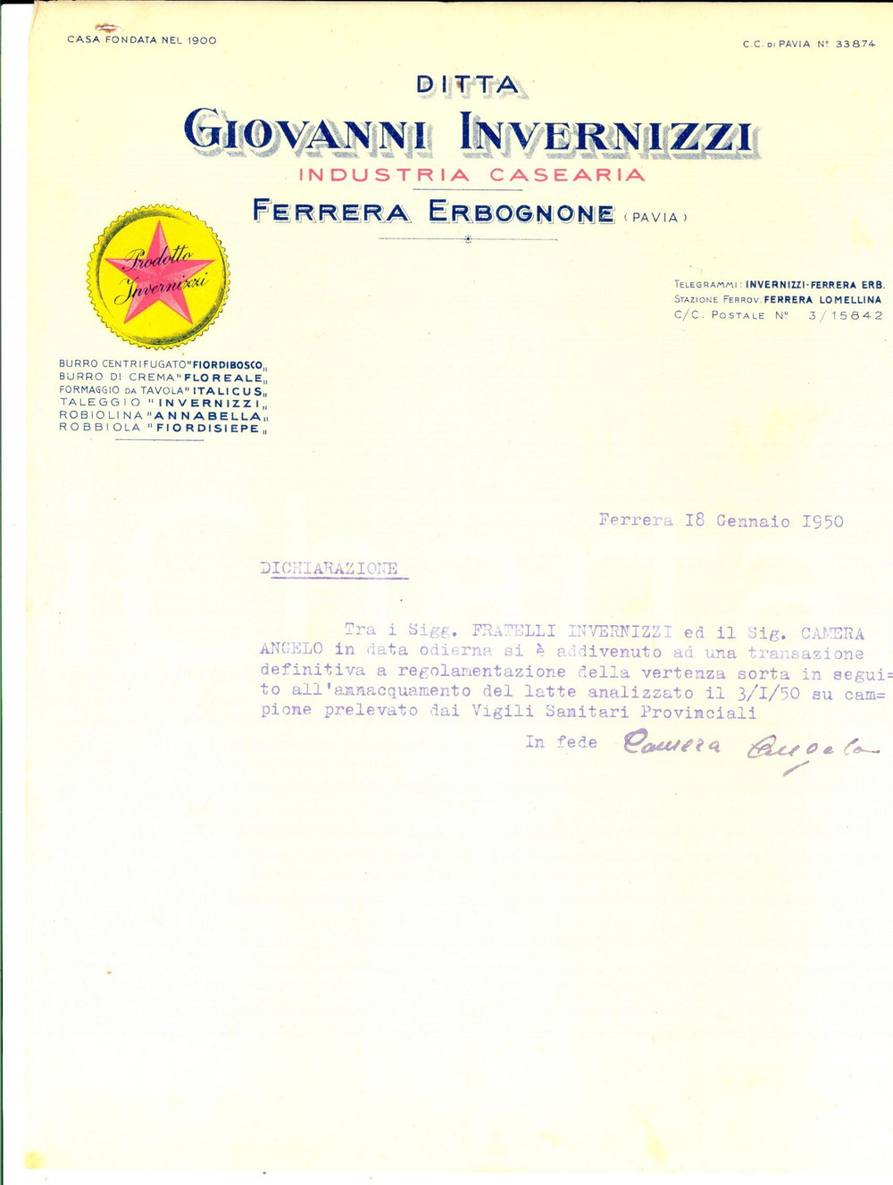 Manoscritto, lettera originale 1950 FERRERA ERBOGNONE (PV) Ditta Giovanni INVERNIZZI su chiusura vertenza 1